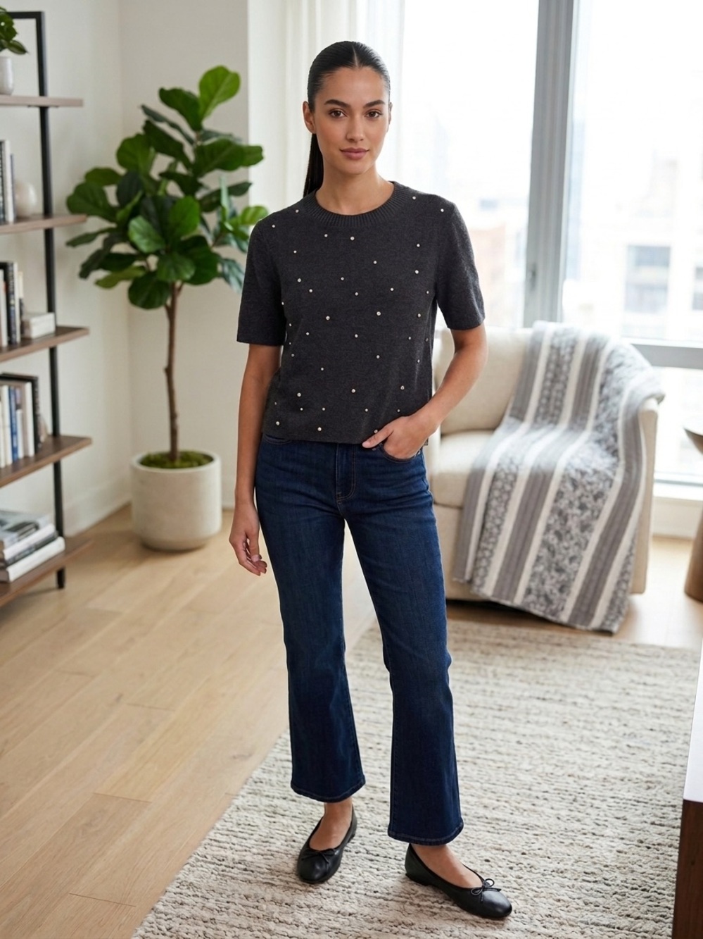 Elie Tahari Dark Smoke Heather Embellished Short Sleeve Light Sweater - New
